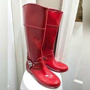 Michael Kors Fulton Harness Red Rubber MK Silver Logo Rain Boots Women's Sz 7🌴